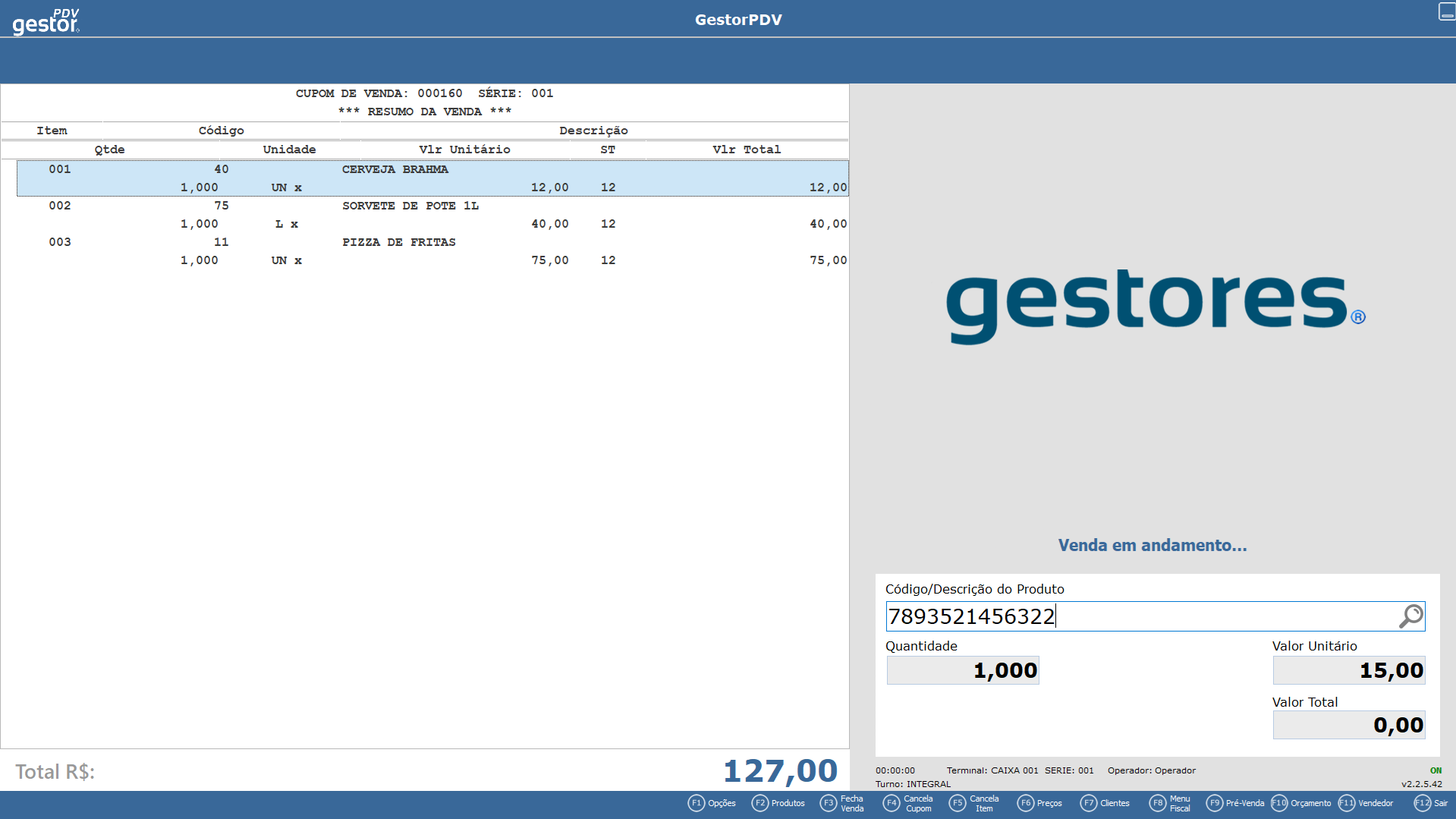Tela principal do sistema Gestor PDV exibindo interface de vendas e listagem de produtos