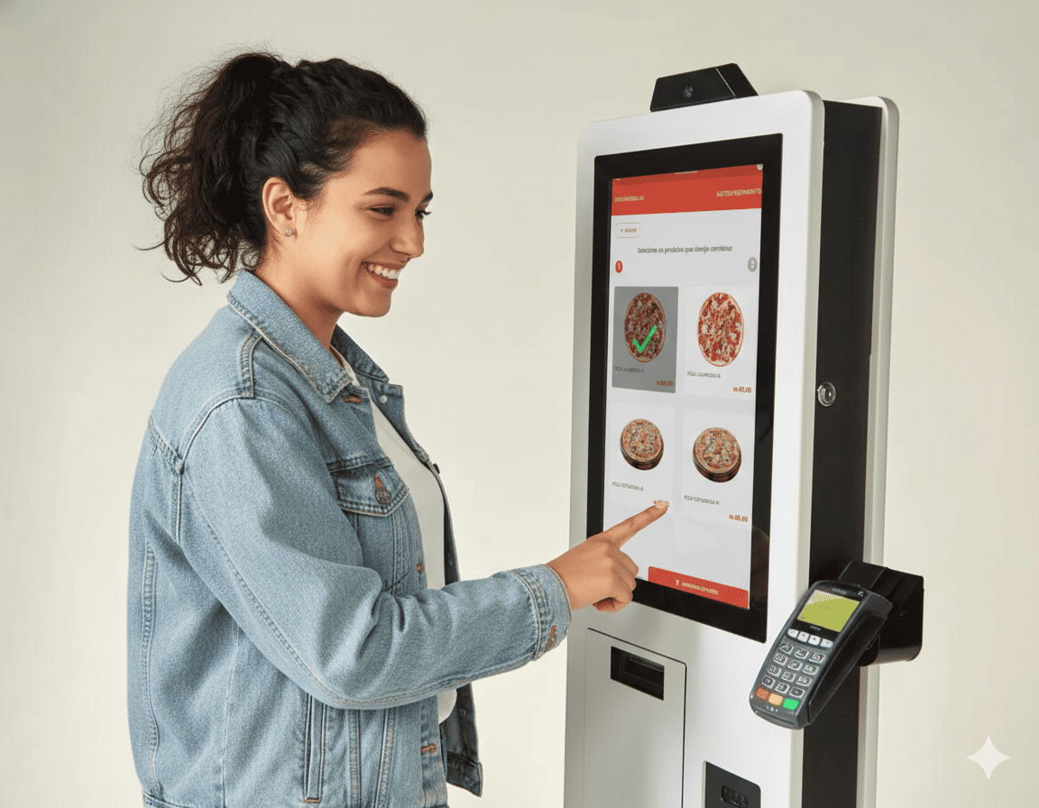 Cliente utilizando o totem de autoatendimento em um ambiente de restaurante